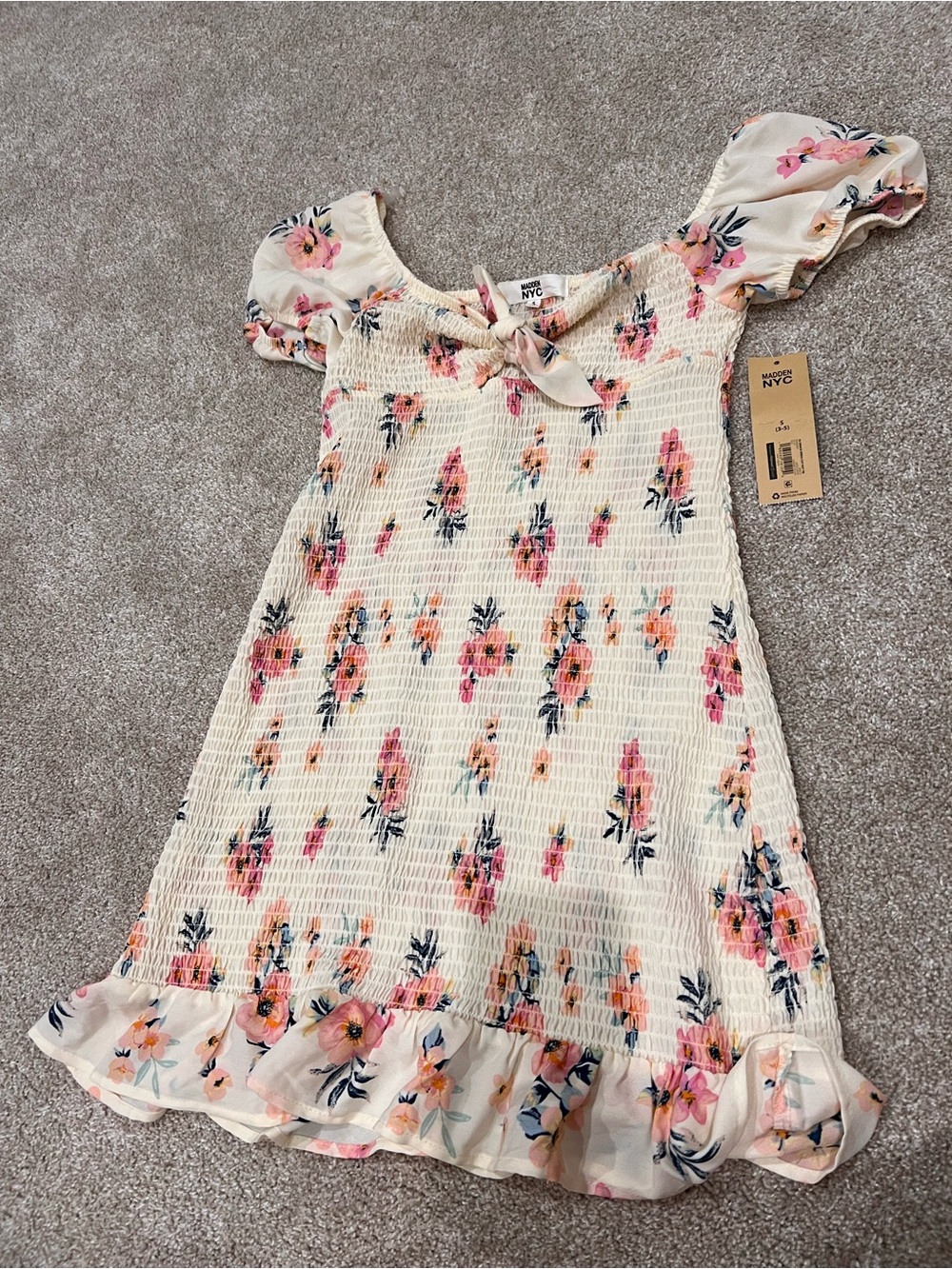 NYC Girls Cream Floral Smocked Mini Dress with Pink Blooms - Picture 6 of 6